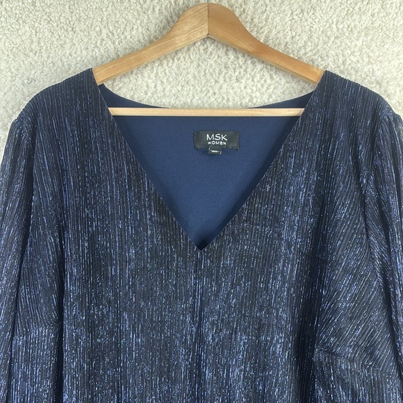 NWT MSK Womens Navy Blue Metallic Smocked V-Neck Long Sleeve Midi Dress PLUS 3X - Picture 3 of 13